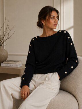 COS Black Cashmere Rib Knit Sweater Silver Snap Button Sleeve Minimalist Oversiz